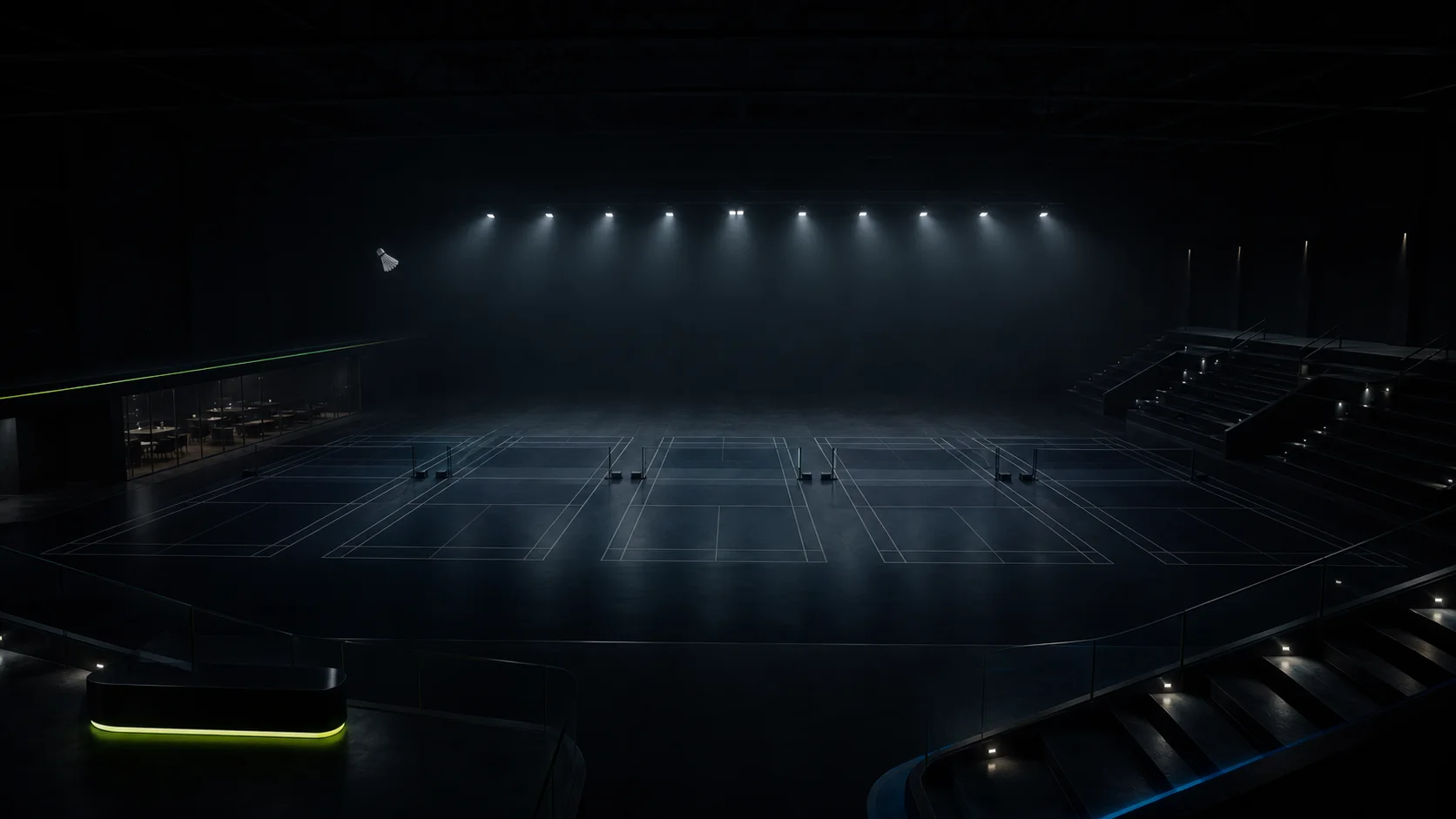 Elevated concept view of the planned KHELBHUMII arena emerging from darkness